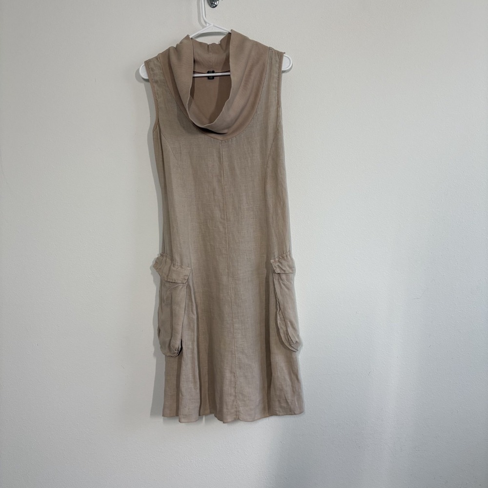 INIZIO Dress Italian Lagenlook Beige Linen Knit  Parachute Midi M Pockets Mock